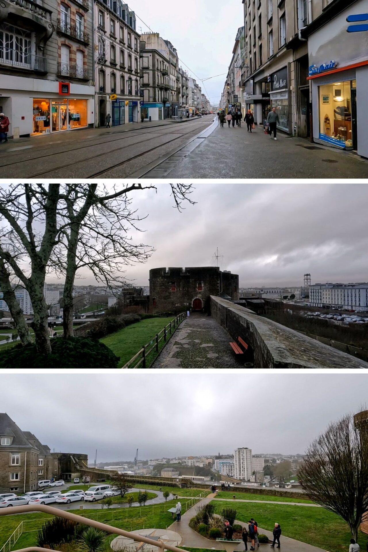 A collage showing Brest city center with tram lines and the Marine Museum overlooking the cityscape 브레스트 시내의 트램길과 도시를 내려다보는 해양박물관이 포함된 콜라주