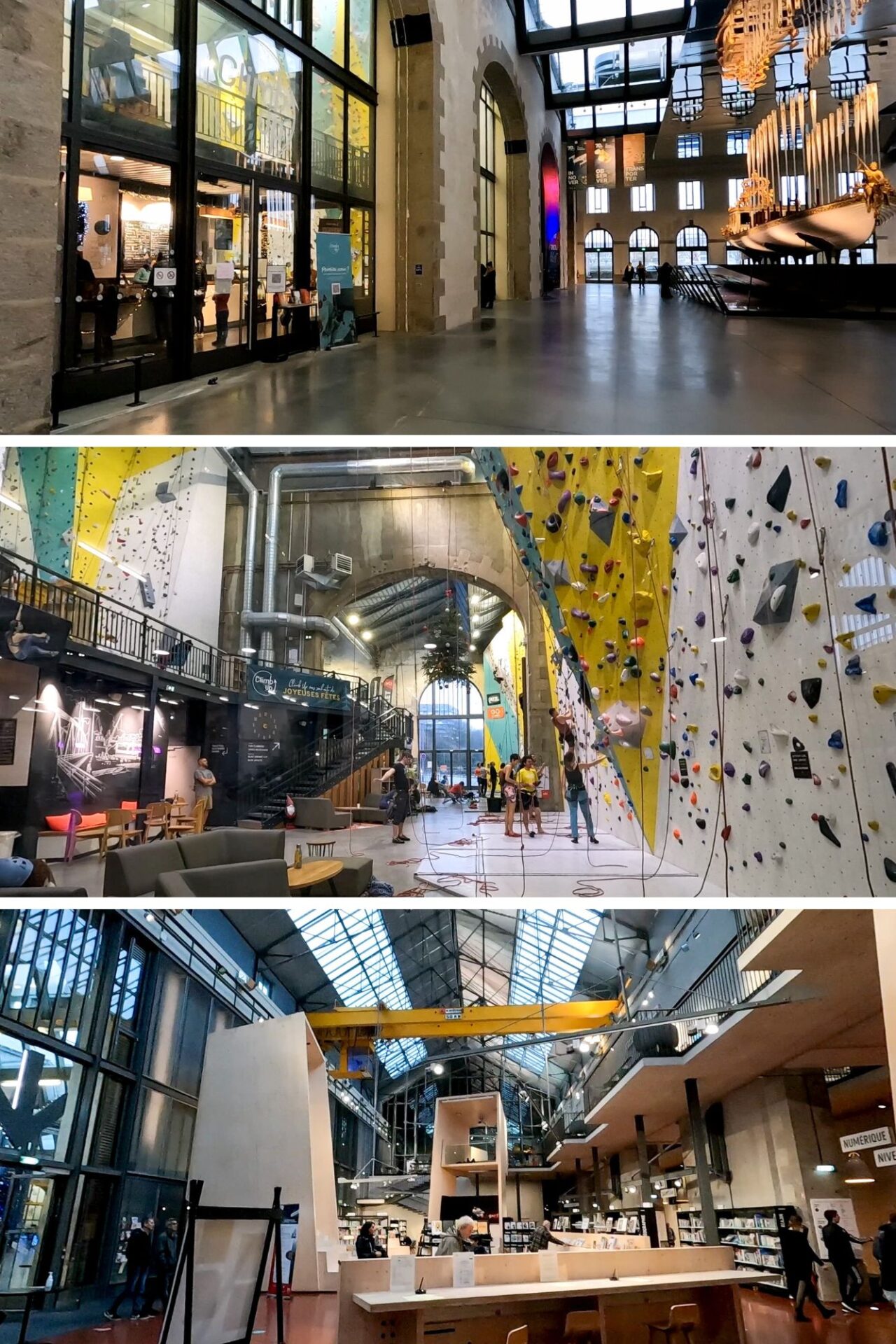 Interior views of Les Ateliers des Capucins Brest, featuring the indoor climbing gym and library 레자틀리에 데 카푸신 브레스트 복합문화센터의 내부 풍경: 실내 클라이밍장과 도서관