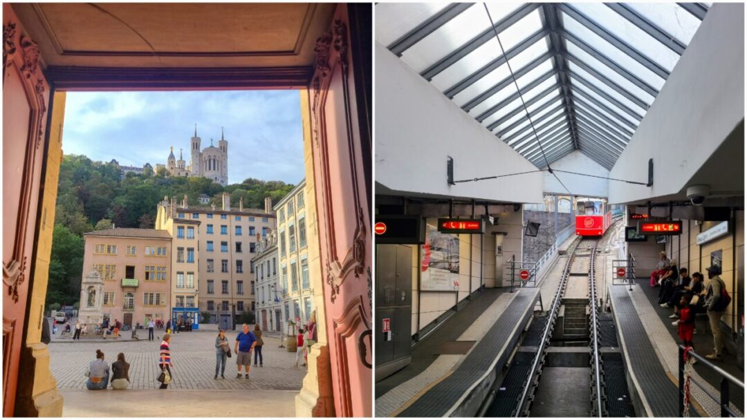 A view of Fourvière Basilica and the funicular from Lyon Cathedral. 리옹대성당에서 내려다본 푸르비에르 성당과 푸니쿨라.