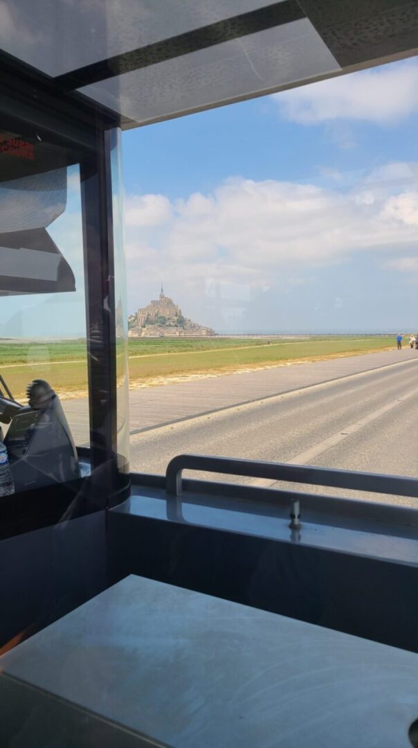 Taking the Le Passeur shuttle to enter Mont Saint-Michel. Le Passeur 셔틀을 타고 몽생미셸로 들어가는 길.