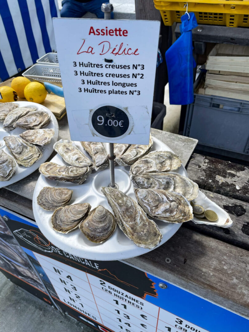 A beautifully displayed 9-euro oyster platter at marche aux huitres in Cancale. 캉칼 marche aux huitres 시장에서 9유로짜리 굴 한 판이 정갈하게 디스플레이된 모습.