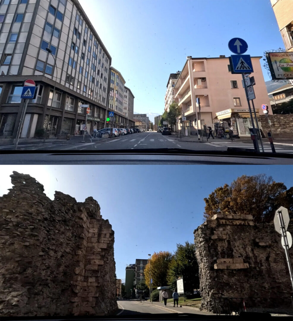 Aosta travel contrasting modern buildings and ancient walls Aosta여행 현대적 건물과 고대 돌벽이 대비를 이루는 모습