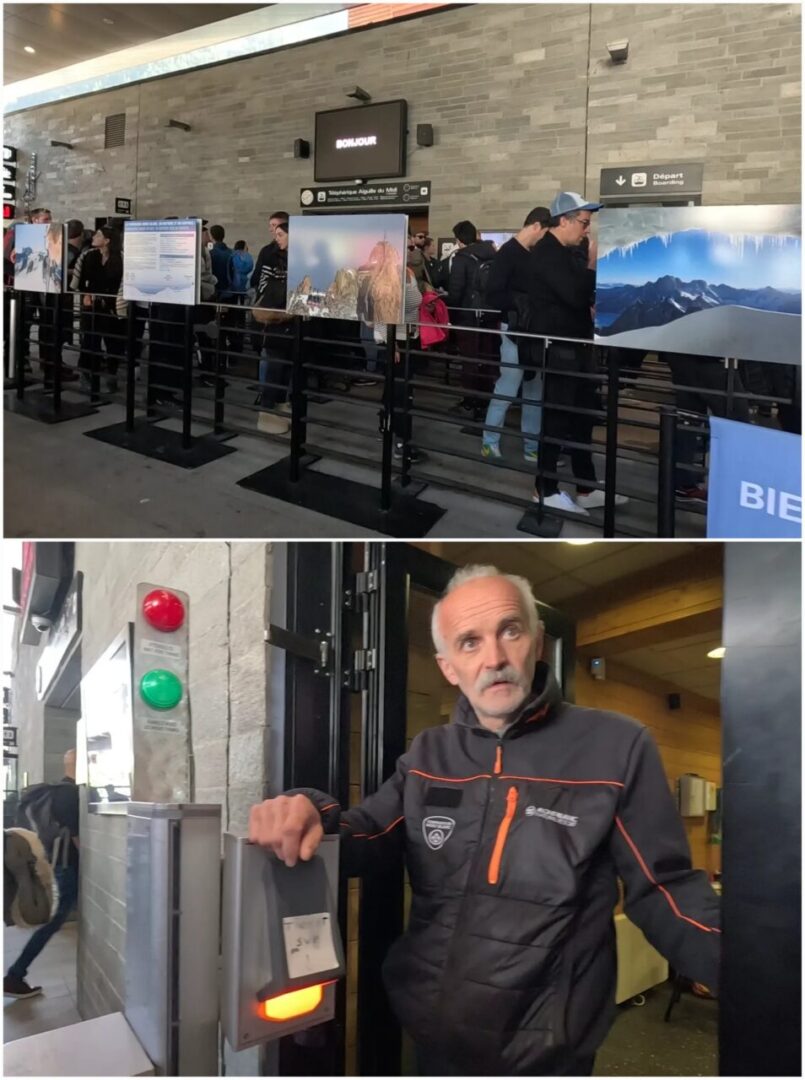A collage showing people waiting in line at the Aiguille du Midi cable car boarding area, with informational panels about the destination. The second image captures a staff member verifying tickets for entry. 에귀디미디 케이블카 탑승을 기다리는 사람들의 줄과 전망대 정보를 담은 패널. 두 번째 사진에는 직원이 티켓을 확인하며 입장을 진행하는 모습.