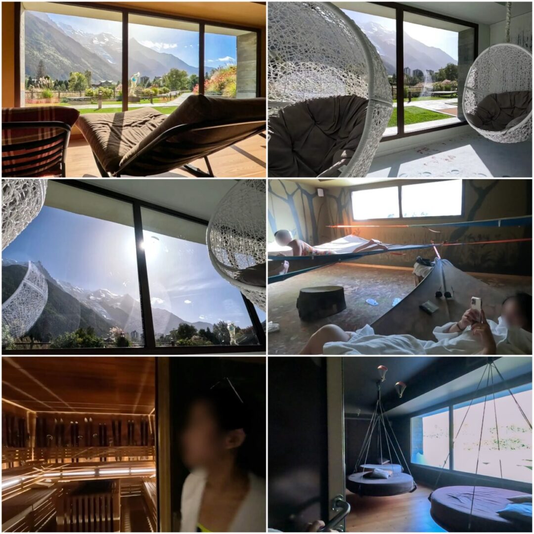 A collage of first-floor relaxation spaces at QC Terme Chamonix, featuring rocking chairs, hanging snowflake chairs, hammocks, a sauna, and suspended round beds with mountain views. QC Terme Chamonix 1층 내부 휴식 공간을 담은 콜라주, 흔들의자방, 눈꽃의자방, 해먹방, 사우나, 천장에 매달린 둥근 침대 등이 포함된 모습