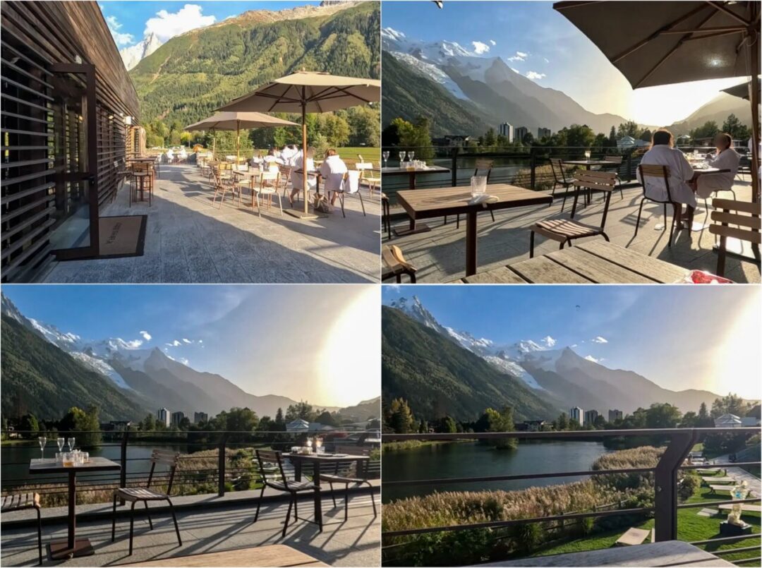 The outdoor terrace at QC Terme Chamonix, offering breathtaking views of Mont Blanc, paragliders in the sky, and the golden glow of the setting sun. QC Terme Chamonix의 야외 테라스, 몽블랑의 설산과 하늘을 나는 패러글라이더, 지평선을 물들이는 석양이 어우러진 장관
