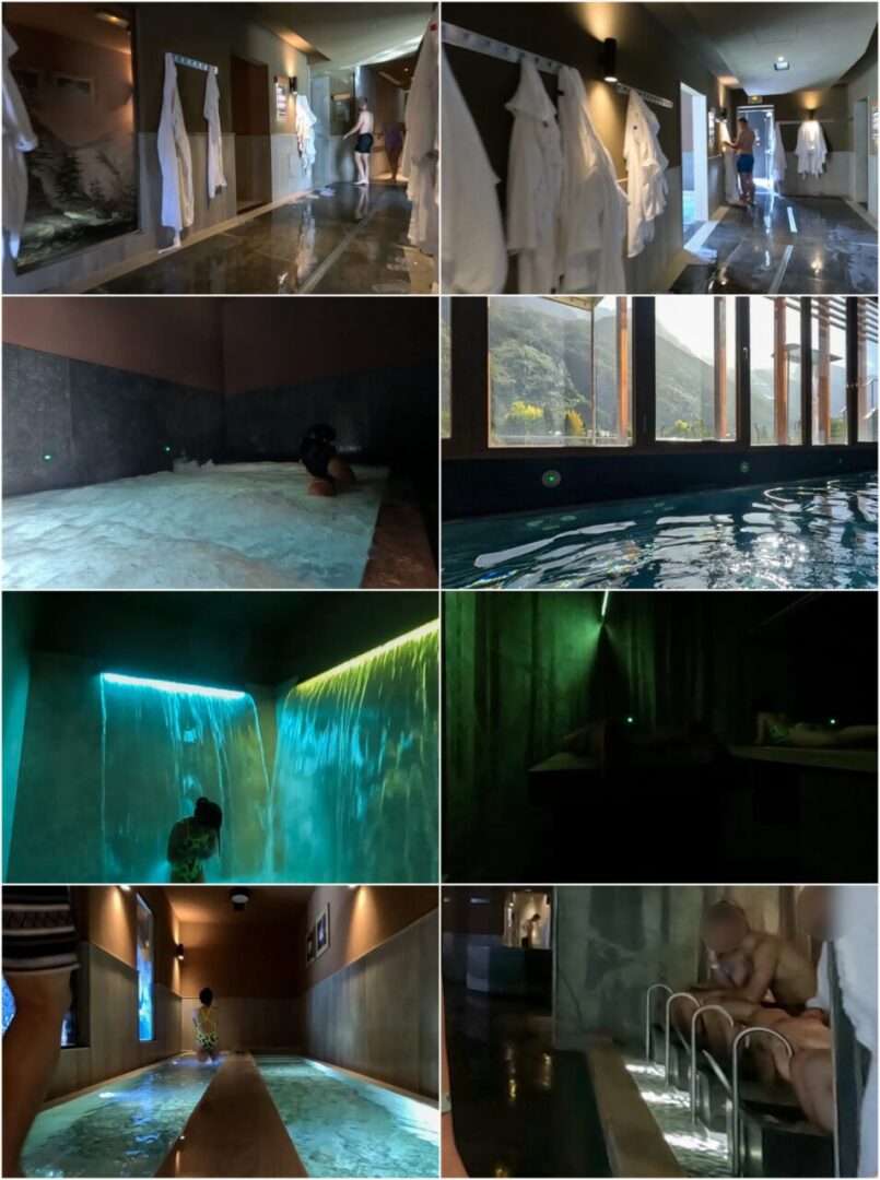 A collage showcasing the diverse themed rooms on the second floor of QC Terme Chamonix, including waterfall showers, stone massage beds, foot baths, and private spa areas. QC Terme Chamonix 2층 내부 시설을 담은 콜라주, 폭포수 샤워, 돌침대 마사지, 족욕기, 냉탕과 온탕, 프라이빗 스파 공간 등이 포함된 모습