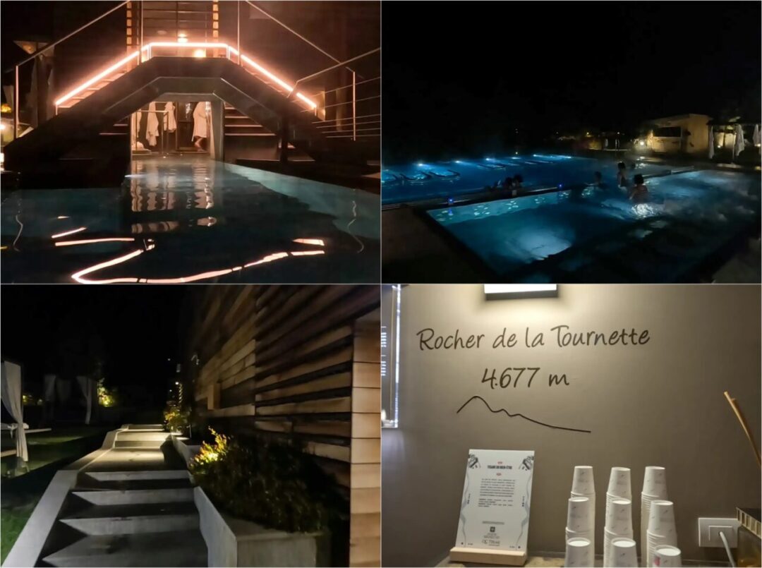 Nighttime ambiance at QC Terme Chamonix, featuring softly lit pools, an outdoor staircase to the third floor, and a warm tea station for a final moment of relaxation. QC Terme Chamonix의 밤 풍경, 은은한 조명이 빛나는 인피니티풀, 3층으로 향하는 야외 계단, 그리고 마지막 여유를 위한 따뜻한 차 한 잔