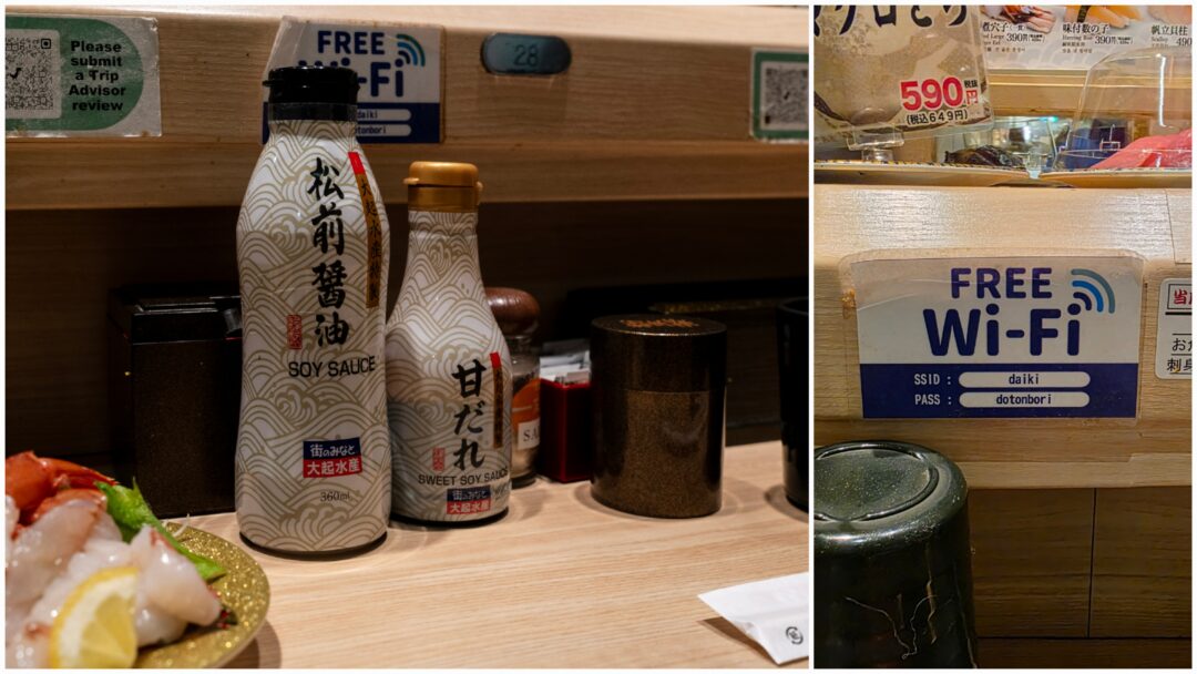 Soy sauce bottles, seasonings, and a Free Wi-Fi sign at Daikisuisan Sushi counter in Dotonbori. 도톤보리 대기수산 초밥집의 간장, 조미료, 와이파이 정보가 놓인 테이블 세팅