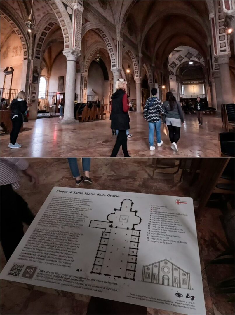 Interior of Santa Maria delle Grazie, with an information board about its layout. 산타 마리아 델레 그라치에 성당 내부와 공간 안내판.