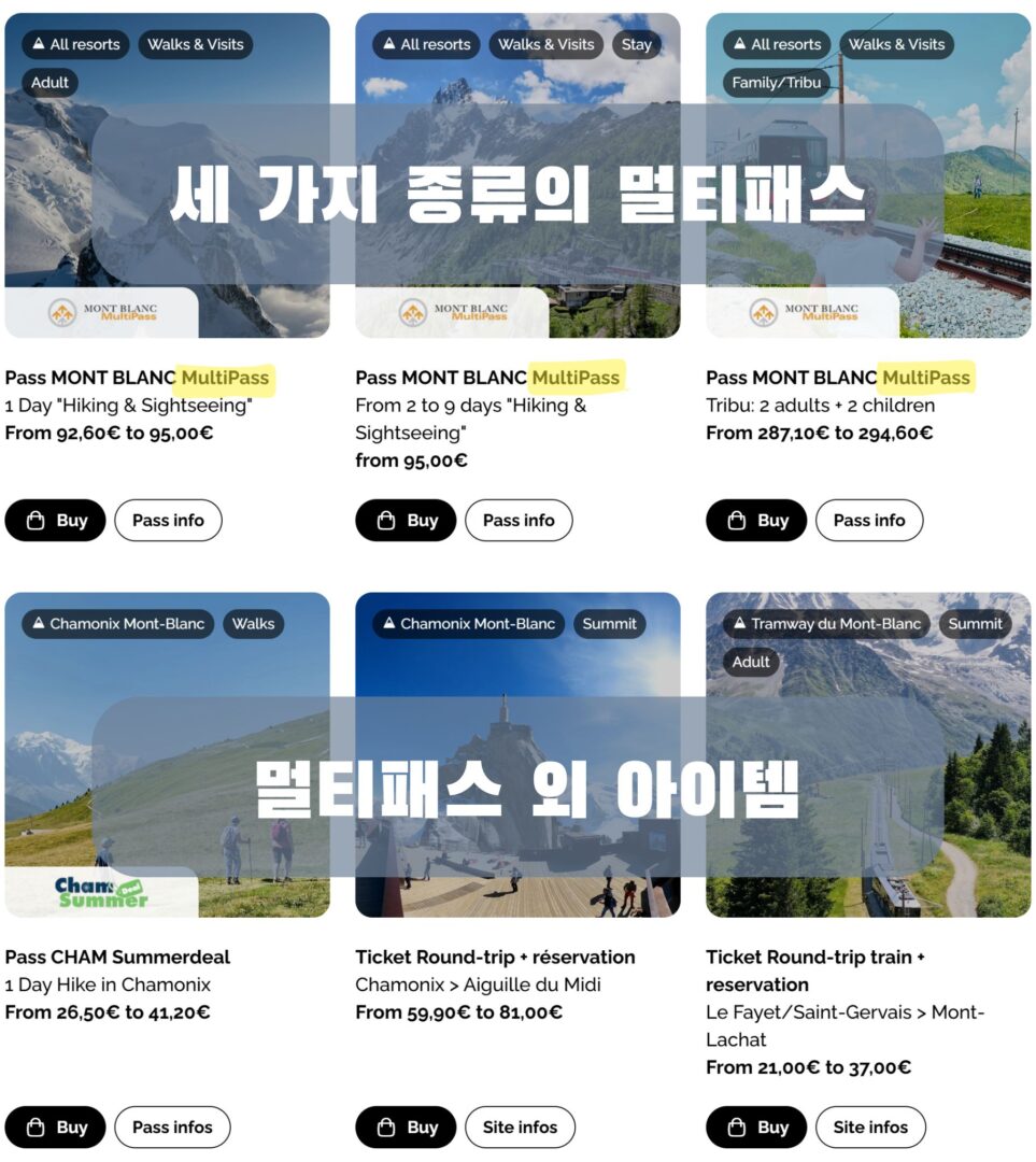 몽블랑 멀티패스 1일권, 2~9일권, 가족권 및 샤모니 하이킹, 에귀이 뒤 미디 케이블카, 몽라샤 열차 등의 기타 티켓을 한눈에 볼 수 있는 안내 이미지.